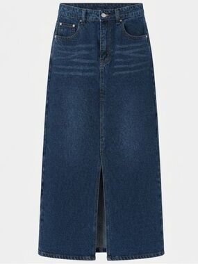 Dark Blue Long Straight Denim Jeans Front Slit Maxi Skirt Size S